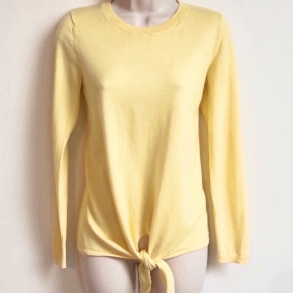 Talbots Tie Front Crew Neck Yellow Sweater Pullover Long Sleeve Cotton